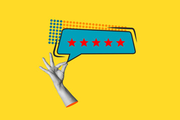 Collage of woman hand holding a speech bubble with five stars rating on a yellow background with colored dots