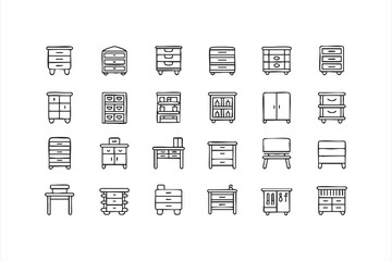 Modern outline icons of drawers, wardrobes, and office desks