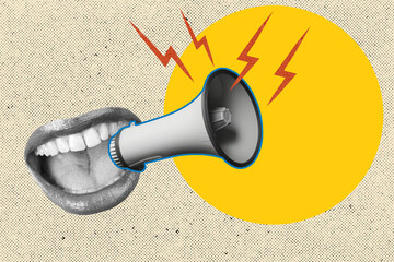 Collage of a woman open mouth with a megaphone and red rays on a yellow circle on a black dotted background
