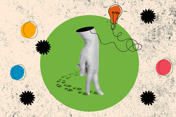 Collage of a woman hand with fingers in a walking gesture, shoe prints and the draw of a light bulb on a green circle