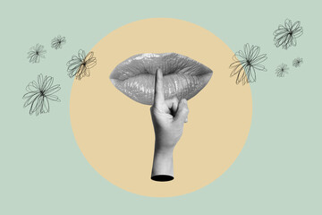 Collage of a woman mouth and a woman hand in asking silence gesture on a beige circle on a green pastel background with flowers