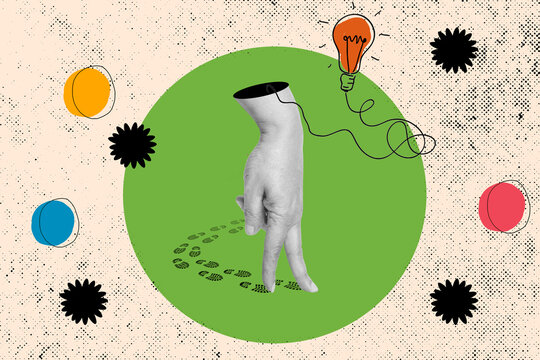 Collage of a woman hand with fingers in a walking gesture, shoe prints and the draw of a light bulb on a green circle