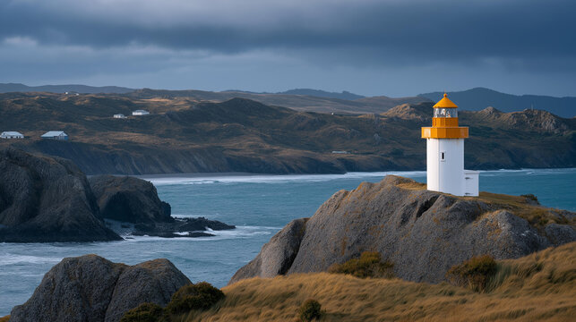 A coastal lighthouse equipped with AI sensors transmitting storm surge and high tide alerts to a remote monitoring center — maritime safety forecasting, ocean-weather analytics, and coastal - Powered by Adobe