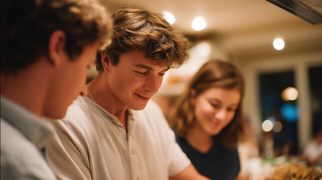 Family of fans cooking together in a bright kitchen before a big game — warmth, laughter, and the comforting rhythm of pre-match rituals. cinematic color correction, natural uneven lighting yet - Powered by Adobe