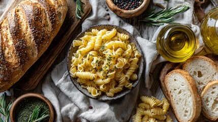 A cozy flat lay: pasta, bread, and olive oil on linen background