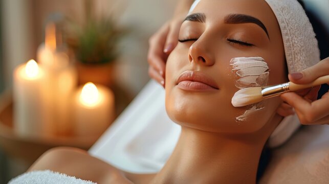 Professional skincare treatment  a woman applies a mask in a clean, modern spa environment