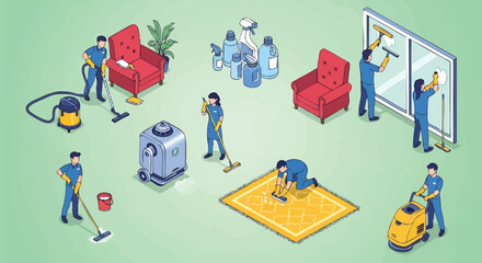 Isometric Cleaning Service Team Working Efficiently in Home Environment Illustration