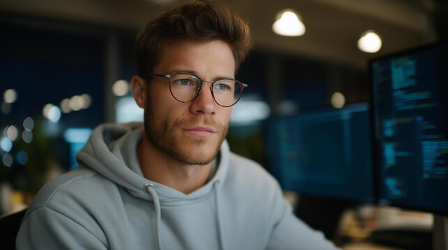 A programmer in a gaming studio debugging real-time gameplay code on multiple monitors, lines of script reflecting on their glasses — high-pressure development, game engine optimization, and core