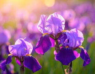 Purple Irises in Sunlight Field
