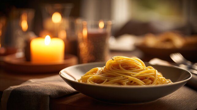 A cozy pasta dining table, flickering candle, warm natural hues - Powered by Adobe