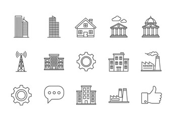 Collection of hand drawn building and business icons for creative projects