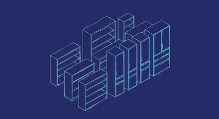 Isometric Furniture Design Illustration on Dark Blue Background for Interior Design