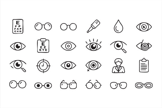 Minimal optometry icon set featuring charts, glasses, and eye examinations