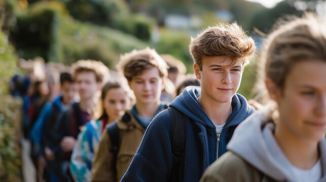 Students walking in a single-file line during an evacuation drill, teachers calmly directing them toward a designated safe zone — emergency response training, organized movement, and safe campus