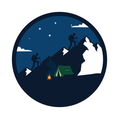 Night camping scene with tent, campfire, moon, and stars in circular badge design. Perfect for outdoor, adventure, travel, and nature themes.
