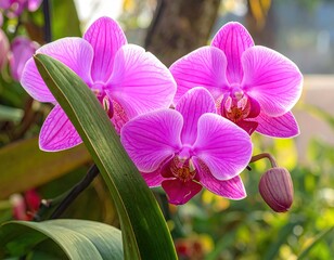 Purple Orchid Blossoms Close Up With Green Leaf Against Bokeh Background