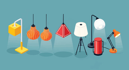 Isometric lamps collection vector illustration featuring modern and vintage designs