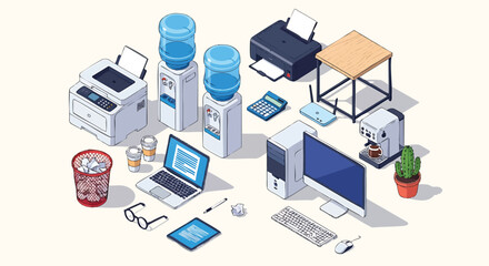 Isometric Office Scene with Computer Laptop and Assorted Office Supplies