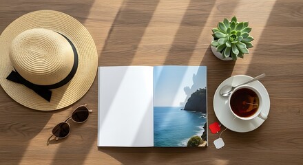 Overhead view of an open travel magazine with a scenic ocean view, surrounded by a straw hat, sunglasses, coffee, and a succulent plant on a wooden table
