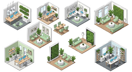 Isometric office spaces with green plants and modern furniture design idea