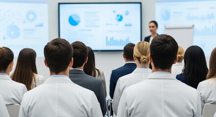 Engaged medical professionals at a business conference, absorbing a presentation with clear data charts