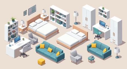 Isometric Room Design with Beds Sofas Desks and Furniture Illustration