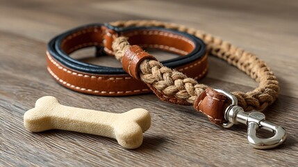 A dog collar and bone rest on a wooden surface, showcasing the essential accessories for a beloved pet and highlighting the bond between humans and animals