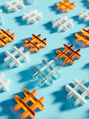 Obraz premium Pattern of orange, white, and transparent lattice shapes casting shadows on a blue surface creating a geometric and colorful abstract composition