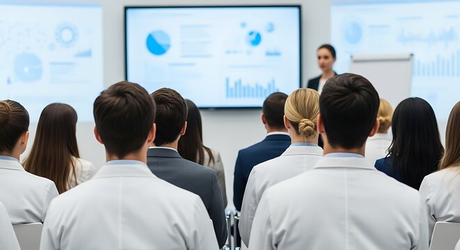 Engaged medical professionals at a business conference, absorbing a presentation with clear data charts - Powered by Adobe