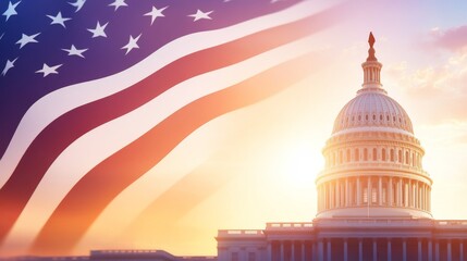 6.The United States Capitol building stands tall in silhouette against the backdrop of a vibrant sunset sky. The flag ripples in the wind as the last rays of sunlight touch the building, casting long