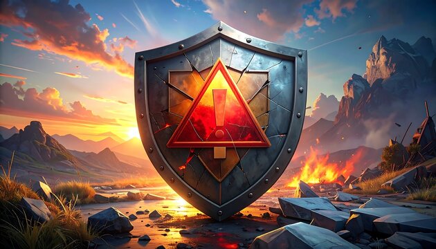 Shield with warning symbol stands amidst a desolate, fiery landscape at sunset.
