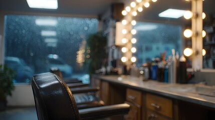 A cozy barber shop interior with a barber chair illuminated by vanity lights during a rainy evening