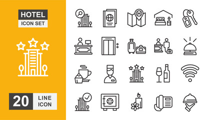 Hotel icon set. Room, reception, comfort, lobby, key and more line icon.