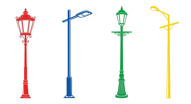 Colorful street lamp designs presented in a simple illustrative row - Powered by Adobe
