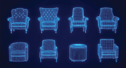 Wireframe Armchair and Ottoman Collection Blueprint Style Home Design Concepts