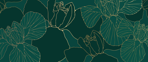 Elegant hand-drawn iris flower pattern with golden line art on a deep green background. Perfect floral seamless design for luxury packaging, textiles, invitations, and decorative projects.