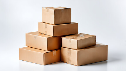 Fototapeta premium Stack Of Clean Brown Moving Boxes On A Pure White Seamless Background