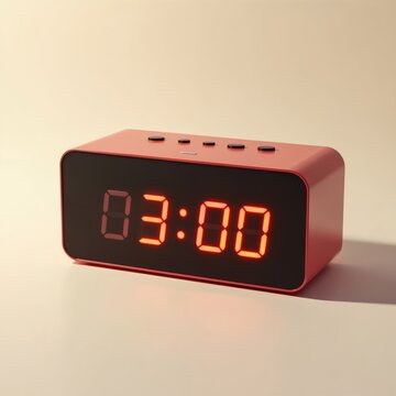 Red digital alarm clock display time 3 00 AM. Modern electronic device shows wake up time. Concept of early morning routine. Home tech appliance on a white surface.