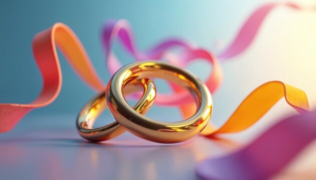 Illustration of two shiny golden rings intertwined. Colorful ribbons swirl creating a vibrant abstract design. Perfect for wedding invitation design and love concepts.