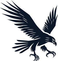 Black vector silhouette of a majestic flying eagle with wings, symbolizing freedom and strength, perfect for an illustration or tattoo design