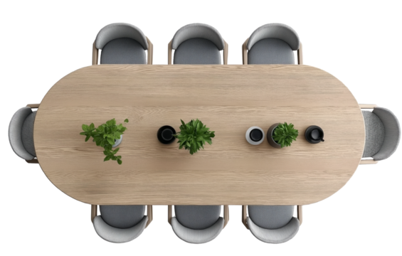 Oval wood table with grey chairs and plants isolated on a transparent background