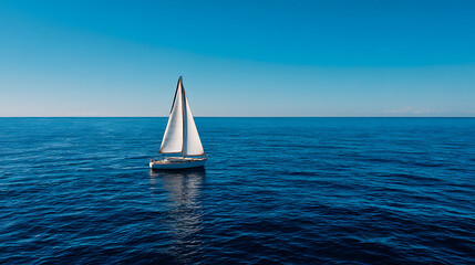 Obraz premium Wide-Angle View Of A Small Sailboat Gliding On A Calm Blue Ocean Horizon