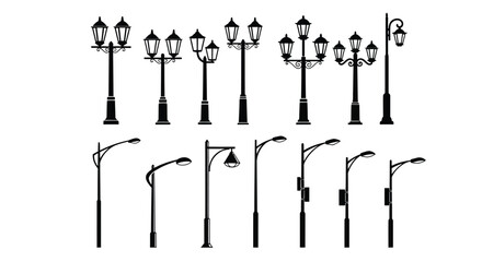 A collection of vintage street lamps and light posts in black and white © MALA