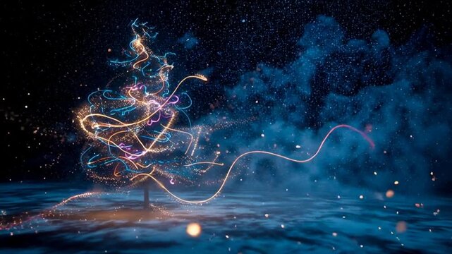 Magical Christmas Tree Formed by Sparkling Light Trails and Particles in a Cosmic Night