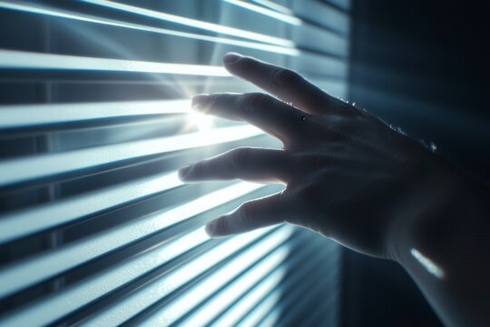 Persons hand touching window with vertical blinds in natural light setting - Powered by Adobe