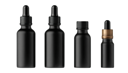 Four matte black dropper bottles isolated on a transparent background