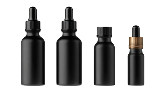 Four matte black dropper bottles isolated on a transparent background