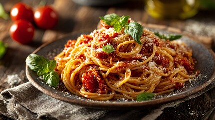 A spaghetti dish on linen napkin, old wood background, warm tones