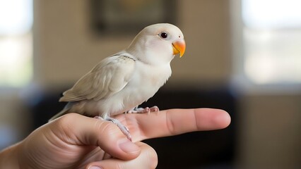 Albino Lovebird Perched on a Human Finger Indoors.