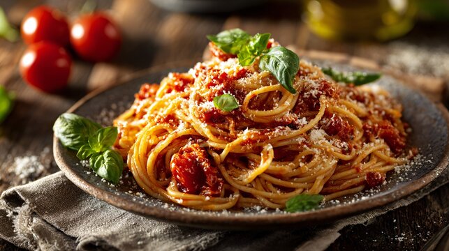 A spaghetti dish on linen napkin, old wood background, warm tones
